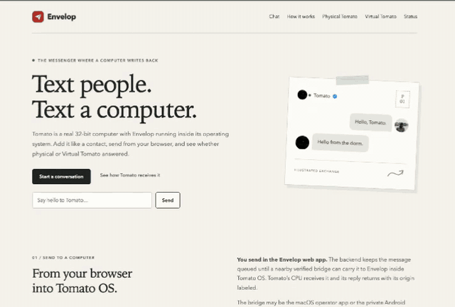 Animated Envelop walkthrough moving from the website into browser chat and showing an exchange with Tomato