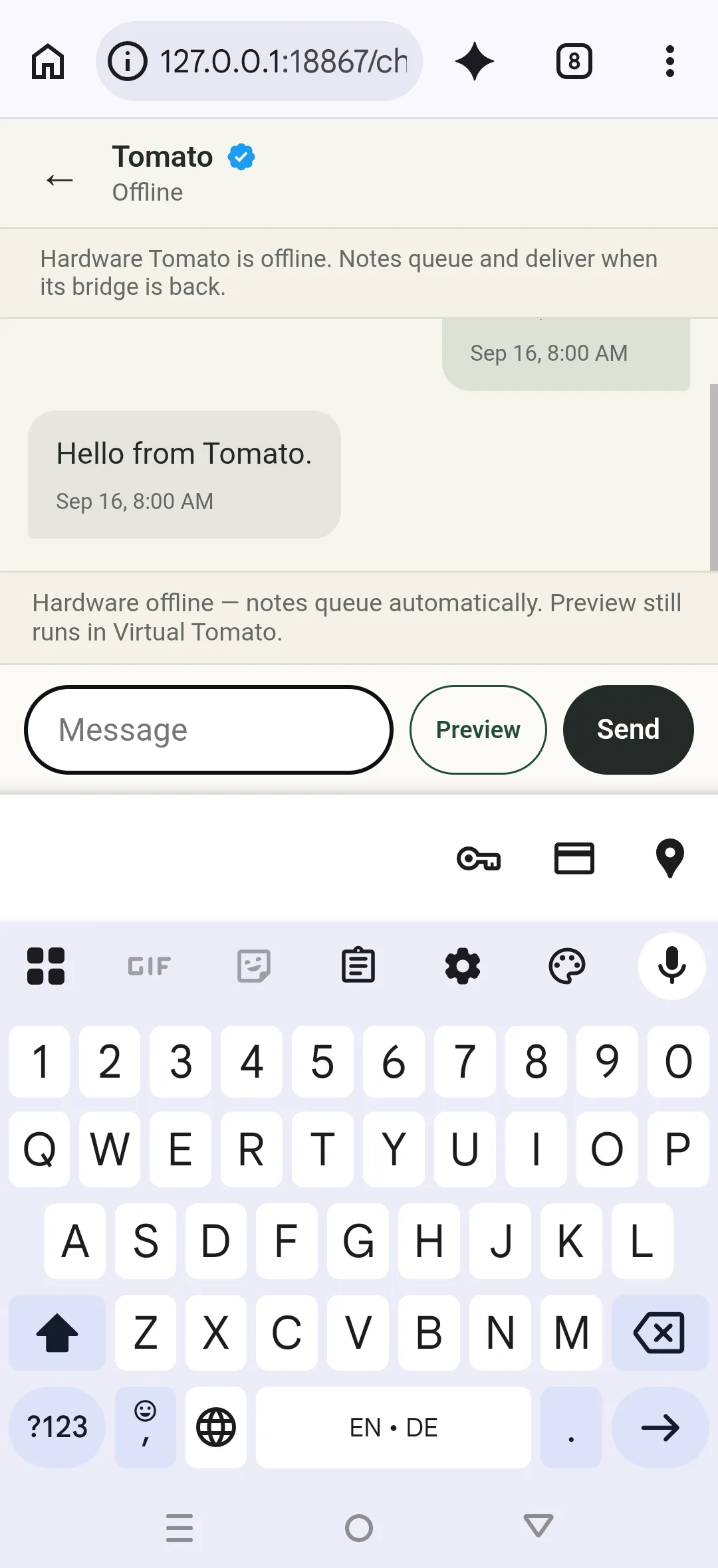 Envelop mobile composer above Gboard on an Infinix phone, with the empty message field and send control reachable