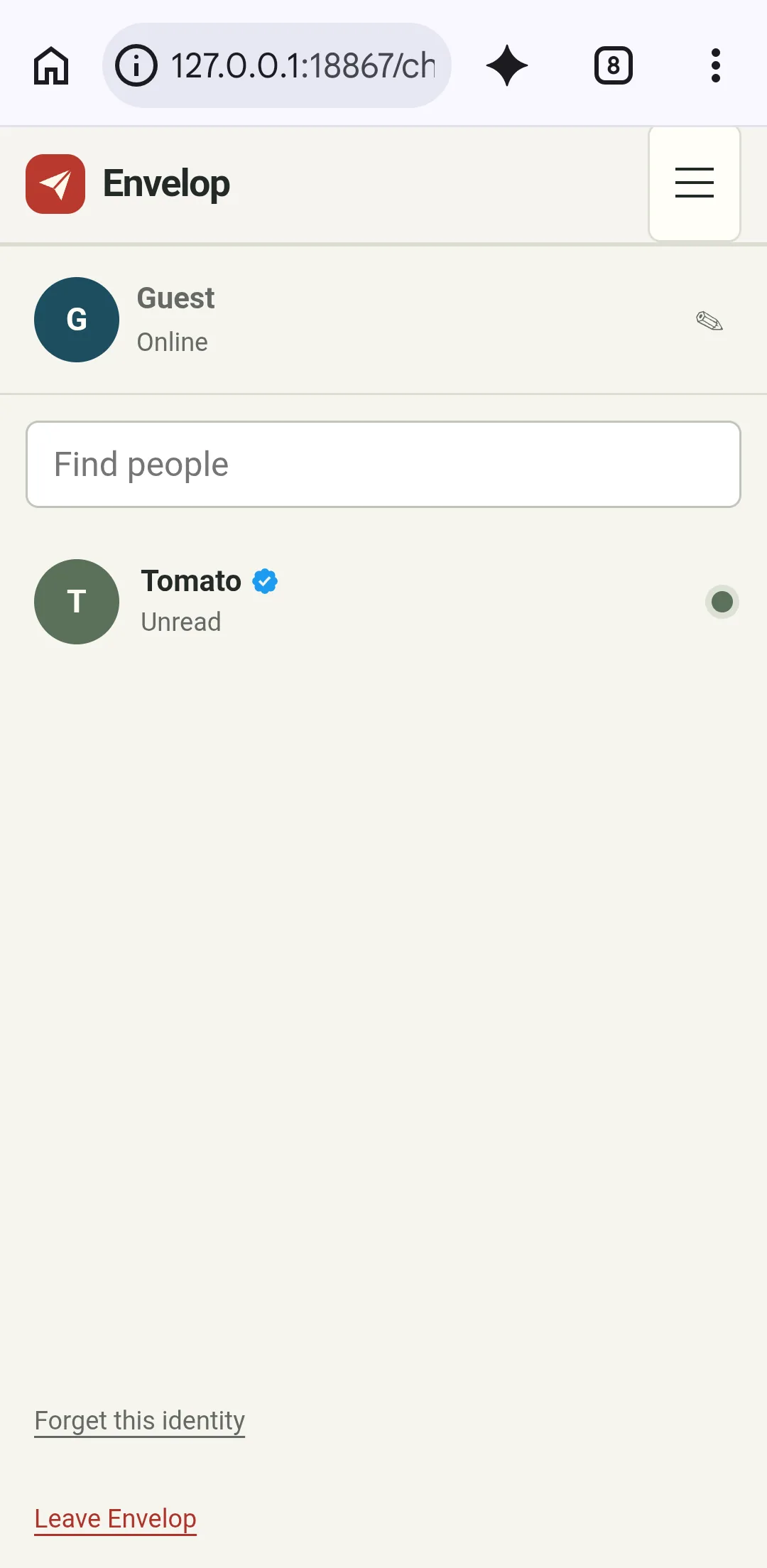 Synthetic Guest conversation list on an Infinix phone, with verified Tomato pinned and an unread indicator