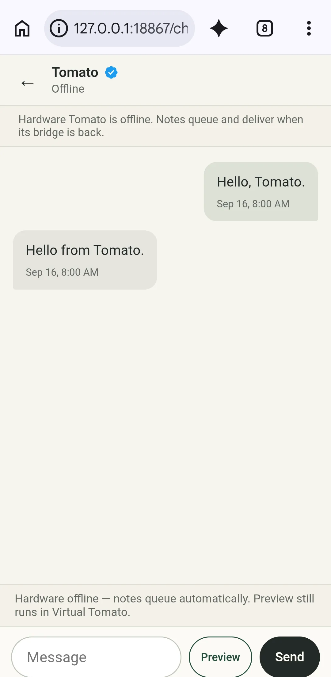 Synthetic Envelop conversation on an Infinix phone, with Tomato marked offline and a queued-message notice
