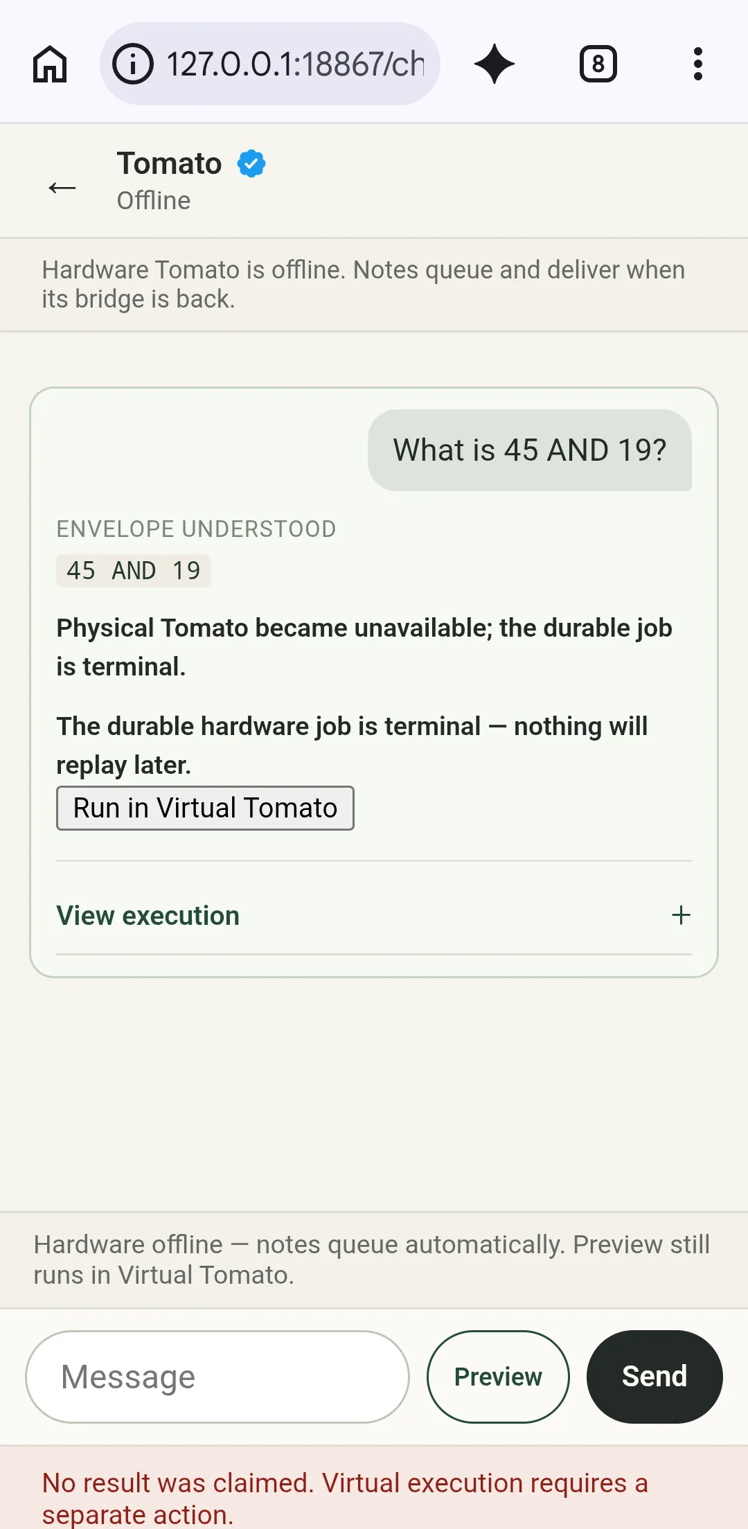 Synthetic Envelop compute card on an Infinix phone, showing a terminal hardware failure and a separate Run in Virtual Tomato action