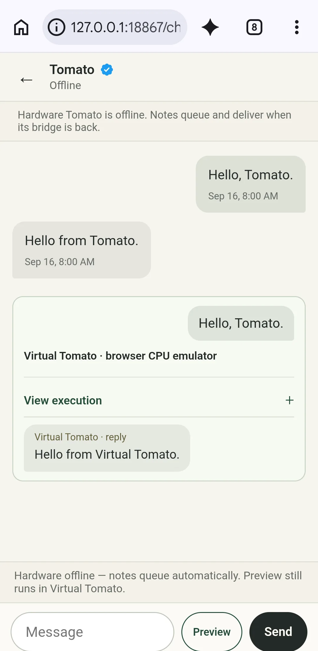Synthetic Envelop chat preview on an Infinix phone, labeled Virtual Tomato beside a virtual reply